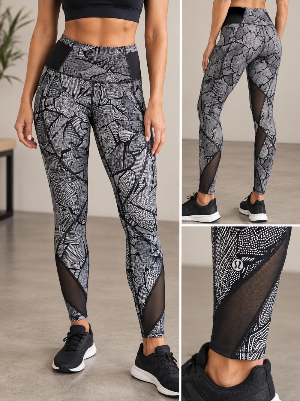 lululemon athletica Black & Gray Reptile-Print High-Rise Mesh Leggings